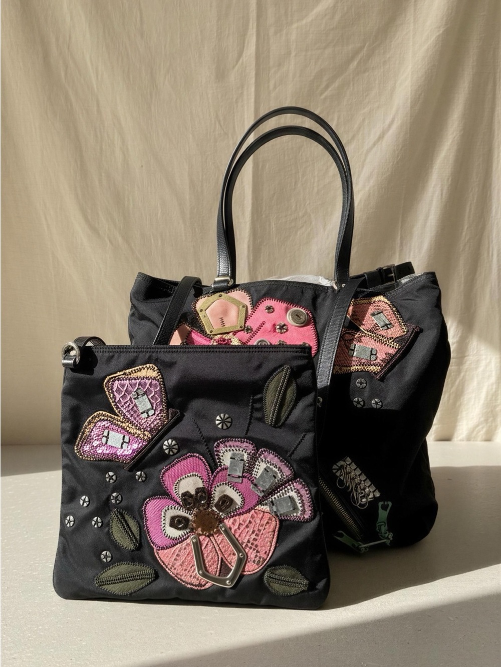 Prada Patch BundleBlack Floral Appliqué Tote and Crossbody Set